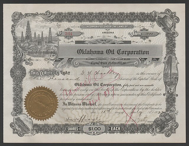 Share of the Oklahoma Oil Corp., issued July 15, 1922, signed by President J. Paul Getty