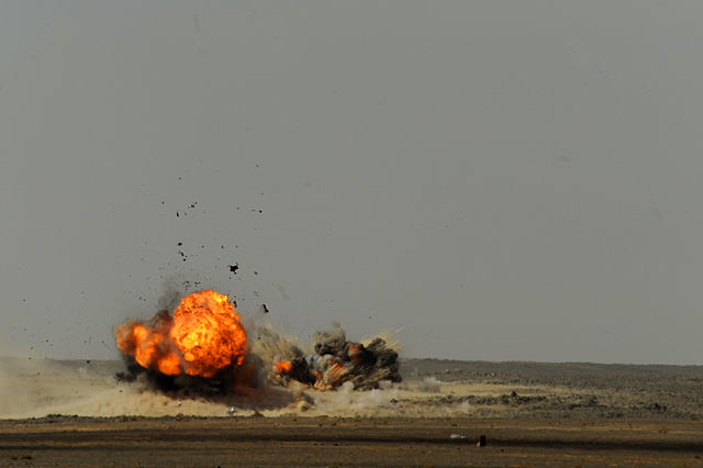 Pakistan Air Force Mirage III aircraft drops two 500-pound bombs during Falcon Air Meet 2010 at Azraq Royal Jordanian Air Base in Azraq, Jordan