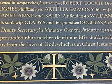 Lettering on a war memorial panel by Percy Delf Smith Panel showing list of WWII deceased, Percy Delf Smith, Hampstead Garden Suburb Free Church.jpg