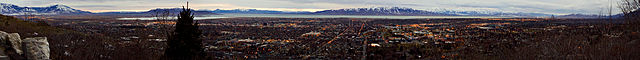 A panoramic view of Provo after sunset, in February 2014