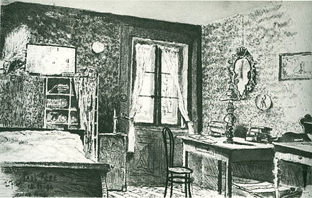 My Room (German: Meine Bude), 1896. Pen and ink wash, .mw-parser-output .frac{white-space:nowrap}.mw-parser-output .frac .num,.mw-parser-output .frac .den{font-size:80%;line-height:0;vertical-align:super}.mw-parser-output .frac .den{vertical-align:sub}.mw-parser-output .sr-only{border:0;clip:rect(0,0,0,0);height:1px;margin:-1px;overflow:hidden;padding:0;position:absolute;width:1px}120 by 190 mm (4+3⁄4 by 7+1⁄2 in). In the collection of the Klee Foundation, Bern, Switzerland