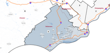 The 2018 congressional map ordered by the Supreme Court of Pennsylvania places all of Delaware County in the new 5th congressional district. Pennsylvania Congressional District 5.png