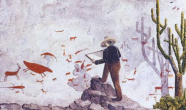 Lund copying rock paintings in a cave in Lagoa Santa, c. 1840