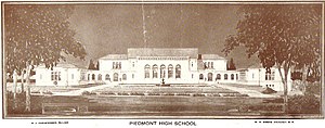 A bond for the creation of Piedmont High School was passed in 1920, and the school was built in 1921. Piedmont High School 1920s.jpg