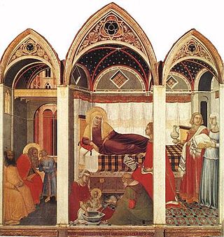 Pietro lorenzetti, natività della vergine del duomo di siena, 1342, tempera su tavola 187x182, museo dell'opera del duomo di siena.jpg