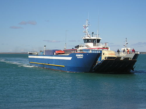 The Pionero approaching Punta Delgada ferry terminal in the Strait of Magellan PioneroAtPuntaDelgada.jpg