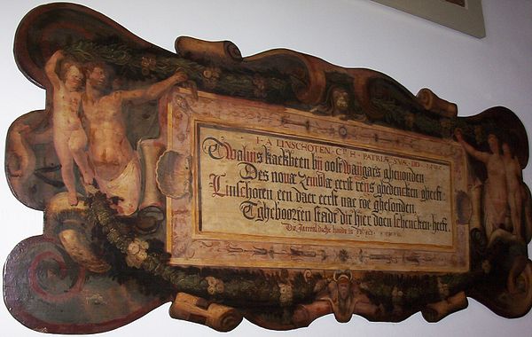 Plaque painted by Karel van Mander commemorating whalebone given to Haarlem by Jan Huyghen van Linschoten from Willem Barentsz expedition.