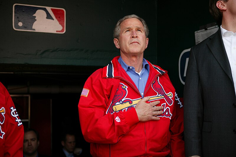 File:President George W. Bush Stands for the Playing of the National Anthem in the St. Louis Cardinal's Dugout.jpg