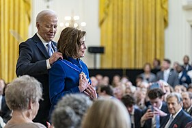 President Joe Biden presenting the Medal to Nancy Pelosi, 2024,.