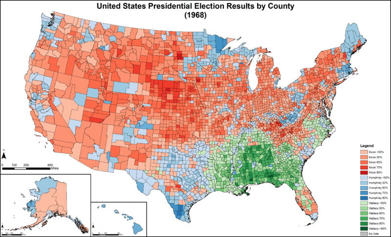 Election results by county.  Richard Nixon   Hubert Humphrey   George Wallace