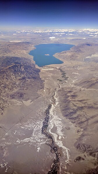 Aerial view from the south of the Truckee River where it drains to Pyramid Lake