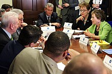 Cartwright (head of table) meeting with AFL-CIO members in 2017 Rep. Kaptur attends Blue Collar Caucus meeting (33453416860).jpg