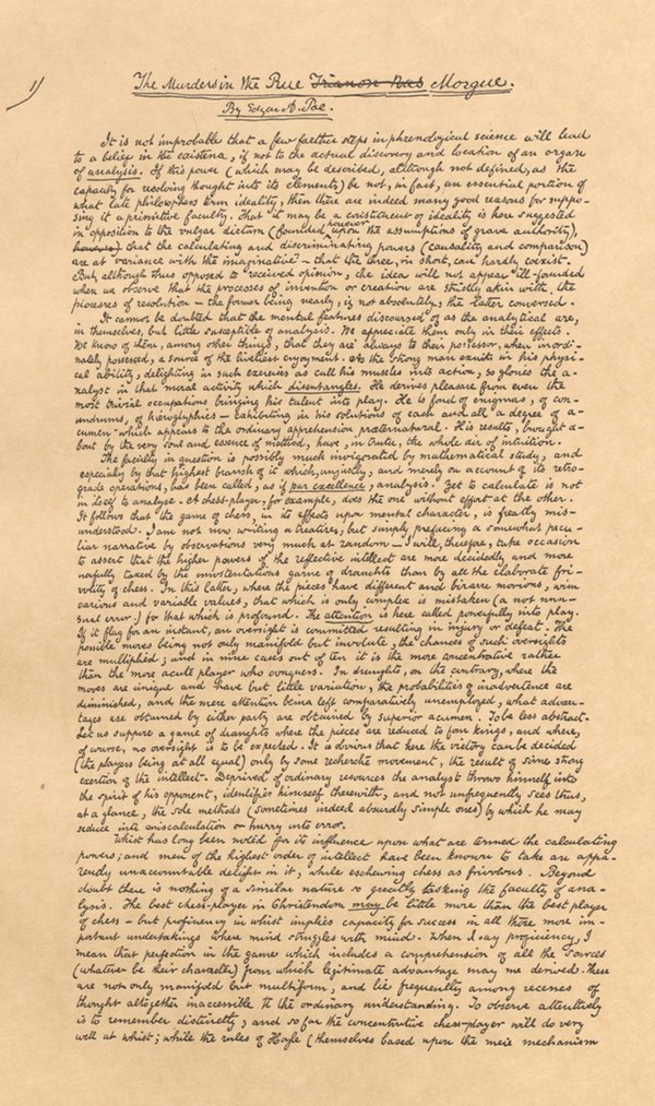 Facsimile of Poe's original manuscript for "The Murders in the Rue Morgue"