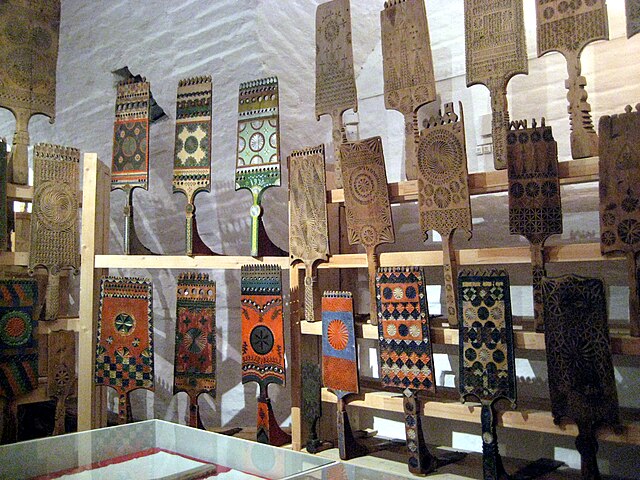 Russian distaffs displayed at the museum of folk handicrafts at Ferapontov Monastery