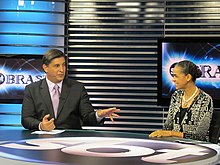 Nascimento interviews Marina Silva during the 2010 elections. SBT Brasil, Carlos Nascimento, Marina Silva.jpg