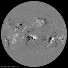 A magnetogram produced by the Helioseismic and Magnetic Imager aboard the Solar Dynamics Observatory SDO HMI Magnetogram 2014-03-25T134016.1.png