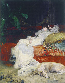 Borzoiak artean: Otso-ehiza borzoiekin (1904), Efim Tikhmenev / Sarah Bernhardt aktore ospetsua, borzoiekin, Georges Clairinen margoa.