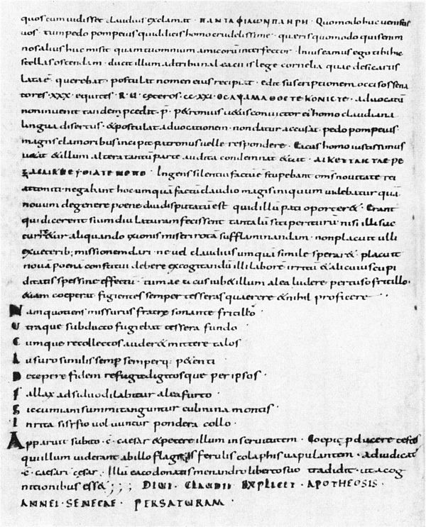 Apocolocyntosis, from a 9th-century manuscript of the Abbey library of Saint Gall.