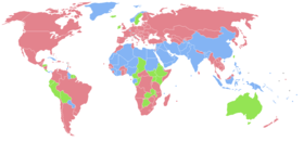 Map indicating the human sex ratio by country.
Countries with more females than males.
Countries with similar number of males and females.
Countries with more males than females.
No data Sex ratio total population.PNG