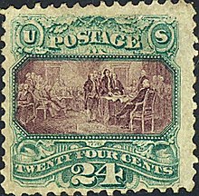 The Committee of Five, pictured on an 1869 U.S. Postal Service 24-cent stamp; the same image also appears on the present two-dollar bill. Signing of Declaration 1869 Issue-24c.jpg