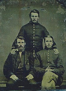 Private William Slack (standing) and Private John Slack (sitting, right), 98th New York Infantry. Both born in North Dundas, Ontario and both wounded at Cold Harbor in 1864. William Slack died of his wounds. Slack Brothers Civil War.jpg