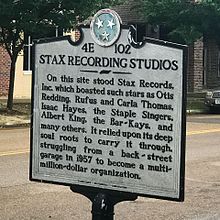 Tennessee Historical Commission marker at the original site of Stax Records, now the site of the Stax campus. Stax Records, TN historical maker.jpg