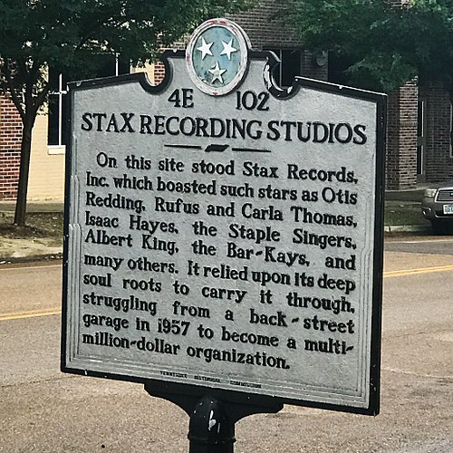 Tennessee Historical Commission marker at the original site of Stax Records, now the site of the Stax campus.