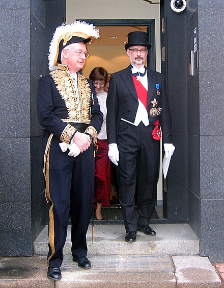 Swedish diplomat Sven Hirdman in diplomatic uniform with ambassador Jaak Jõerüüt of Estonia in white tie and top hat (2011)