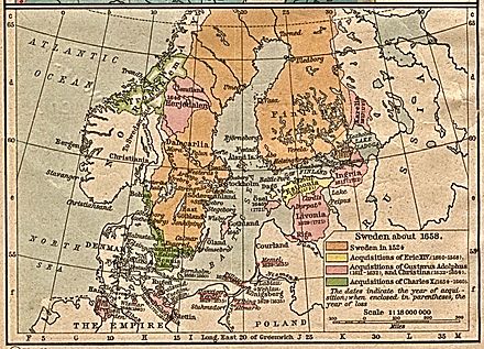 Swedish possessions in 1658. The years in parentheses indicate when the possession was given up or lost.