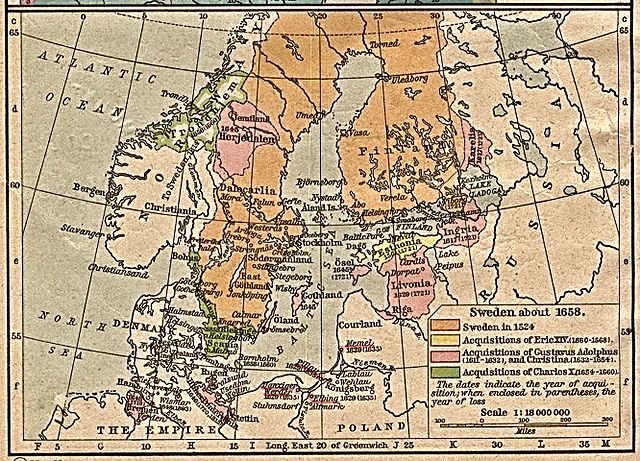 Swedish possessions in 1658. The year in parentheses is the year the possession was given up or lost.