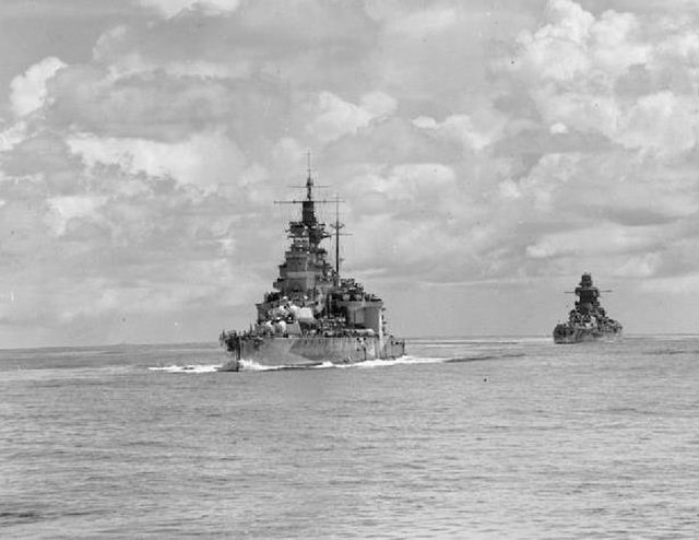 Richelieu astern of HMS Valiant during Operation Bishop