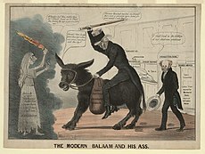 An 1837 cartoon depicted Jackson leading a donkey which refused to follow, portraying that Democrats would not be led by the previous president The modern balaam and his ass.jpg