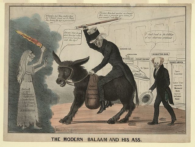 An 1837 cartoon depicted Jackson leading a donkey which refused to follow, portraying that Democrats would not be led by the previous president