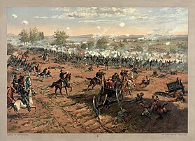 La charge de Pickett, le 3 juillet 1863, lors de la bataille de Gettysburg, épisode de la guerre de Sécession (1887, par Thure de Thulstrup, bibliothèque du Congrès, Washington). (définition réelle 9 656 × 7 000)