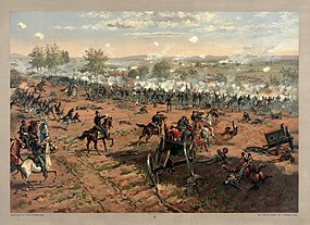 Thure de Thulstrup: Hancock u Gettysburgu. Plátno zachycuje vojáky Hancockova II. sboru v boji s Pickettovou divizí.
