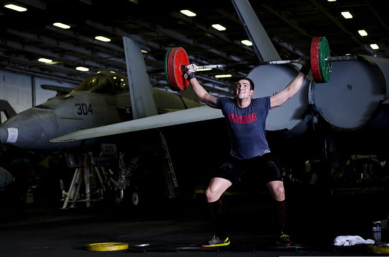 File:U.S. Navy Mass Communication Specialist 2nd Class Trevor Welsh lifts weights in the hangar bay of the aircraft carrier USS George Washington (CVN 73) in the Coral Sea Aug. 8, 2013 130808-N-BD107-080.jpg