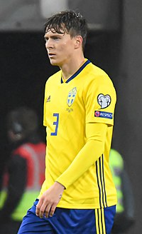 Victor Lindelof captains Sweden since 2021. UEFA EURO qualifiers Sweden vs Spain 20191015 Victor Nilsson Lindelof 2 (cropped).jpg