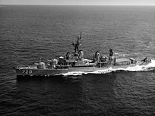 Mansfield underway after her FRAM II-modernization. USS Mansfield (DD-728) at sea c1962.jpg