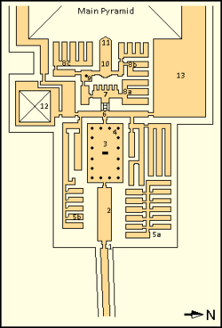 Layout of Unas's mortuary temple. In order: (1) Granite doorway built by Teti; (2) Entrance hall with (5a and b) storerooms to the north and south; (3) Courtyard with (4) eighteen granite columns; (6) Transverse corridor; (7) Chapel with five statue niches; (8a, b and c) Storerooms of the inner temple; (9) Antichambre carree with central column; (10) Offering hall with (11) false door bearing a protective inscription; (12) Cult pyramid; and (13) Courtyard surrounding the pyramid complex. Unas' Mortuary Temple.png