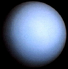 The greenish color of Uranus's atmosphere is due to methane and high-altitude photochemical smog. Voyager 2 acquired this view of the seventh planet while departing the Uranian system in late January 1986. This image looks at Uranus approximately along its rotational pole. Uranus depart.jpg