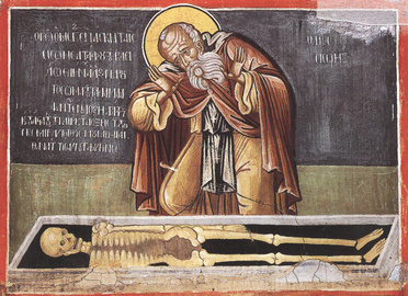 Venerable Sisoës the Great, before the tomb of Alexander the Great, signifying the remembrance of death.
