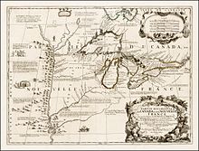 Gravure représentant une carte des Pays d'en haut en Nouvelle-France par Vincenzo Coronelli en 1688.