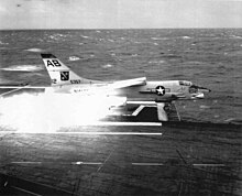 VF-11 F-8 mishap aboard USS Franklin D. Roosevelt Vought F8U-1 Crusader of VF-11 crashes aboard USS Franklin D. Roosevelt (CVA-42), 21 October 1961.jpg
