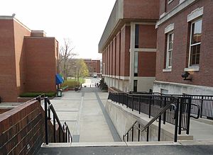 Walkway between Rush Rhees library and the Frederick Douglass building Walkways at the University of Rochester.jpg