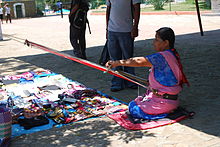 Woman in Zaachila, Oaxaca weaving with a backstrap loom WeaverZaachila2.JPG