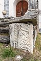 English: Spoil of an ancient Roman relief at the sacristy`s staircase (CIL III 4766) Deutsch: Bauinschrift für ein Heiligtum der Junones (CIL III 4766) an der Front des Stiegenaufganges zur Sakristei