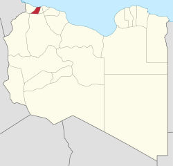 Kaart van Libië met het district Zawiya gemarkeerd