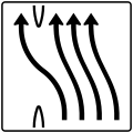Zeichen 501–52 Überleitungstafel – ohne Gegenverkehr – vierstreifig nach links, davon ein Fahrstreifen übergeleitet