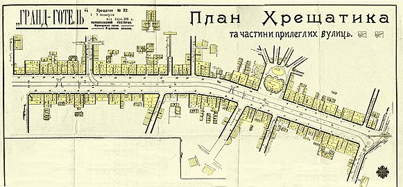 Bebauungsplan der im späten 19. Jahrhundert angelegten zentralen Straße Chreschtschatyk, 1909