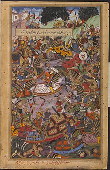 Illustration from Akbarnama showing victory of Ali Quli Khan on Afghans at Gomti, 1561 1561-The Victory of Ali Quli Khan on the river Gomti-Akbarnama.jpg